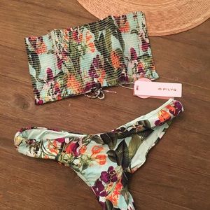 PILYQ smocked green flora bikini set